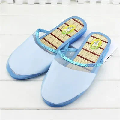 Women Indoor Slippers Sequin Flat Shoes Cool Lady Summer Hollow Mesh Beach Flip Flops Casual Baotou Creative Flower Mesh