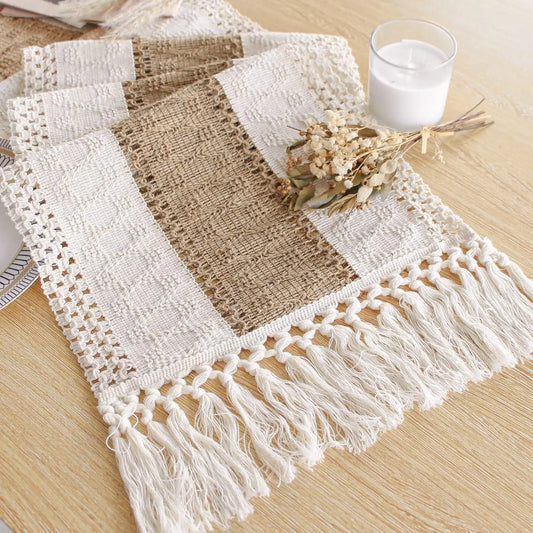 Table Runner for Summer Home Decor with Tassels 72 Inches Long Farmhouse Rustic Table Runner Cream & Brown Macrame Burlap Table