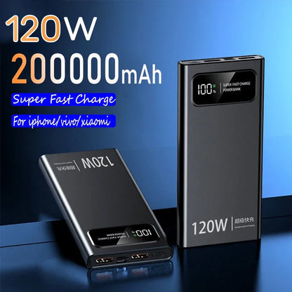 120W 200000mAh Power Bank Super Fast Charging High Capacity Battery Digital Display Power Bank For Samsung Xiaomi Huawei Iphone