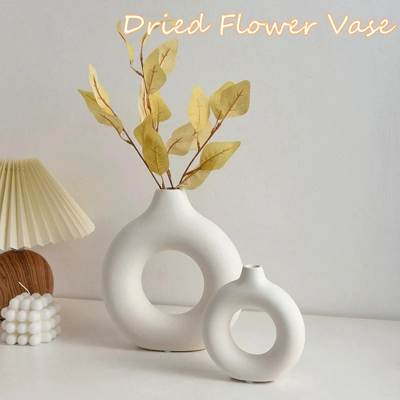 Imitation Ceramic Pure White Vase Decorative Vasen Single Branch Flower Arranging Ornament Donut Design Flowerpot Table Decor