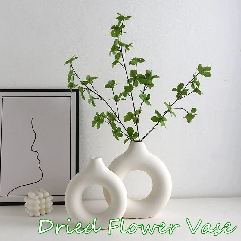 Imitation Ceramic Pure White Vase Decorative Vasen Single Branch Flower Arranging Ornament Donut Design Flowerpot Table Decor