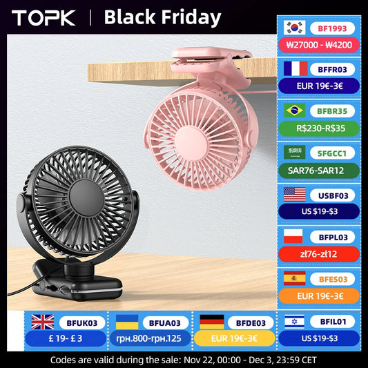 TOPK Mini Portable Clip on Fan,USB Desk Fan,3 Speeds Quiet Wind 720° Rotate Personal Electric Fan,Standing fans for Room Home