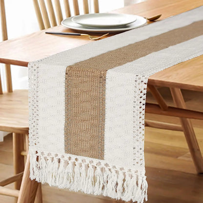 Table Runner for Summer Home Decor with Tassels 72 Inches Long Farmhouse Rustic Table Runner Cream & Brown Macrame Burlap Table