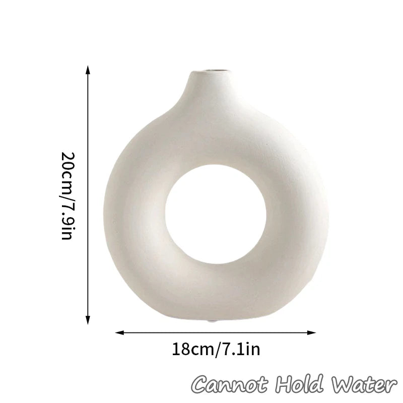 Imitation Ceramic Pure White Vase Decorative Vasen Single Branch Flower Arranging Ornament Donut Design Flowerpot Table Decor