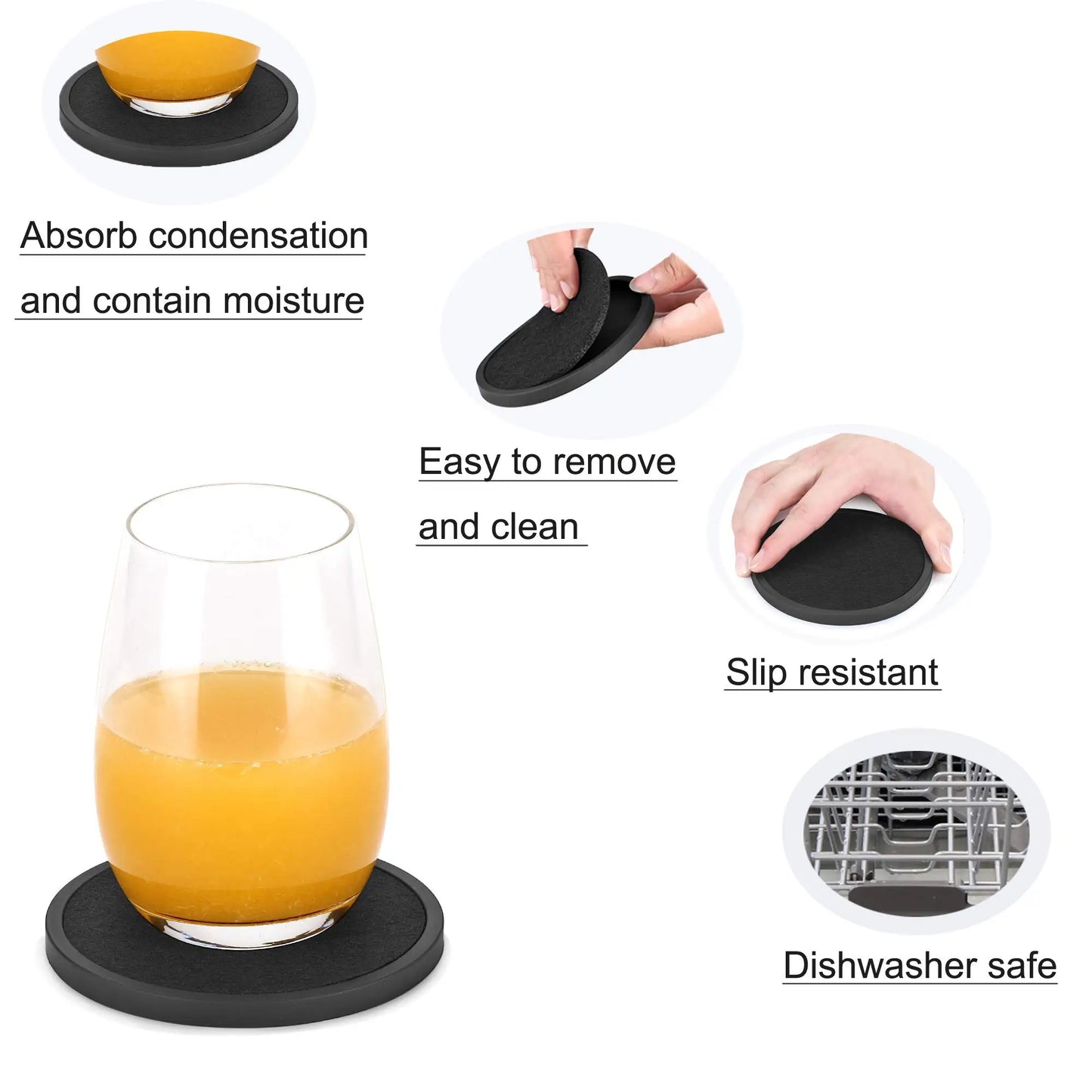 Absorbent Coasters for Drinks with Holder - 6packs, Silicone Coasters with Soft Felt Insert for Tabletop Protection